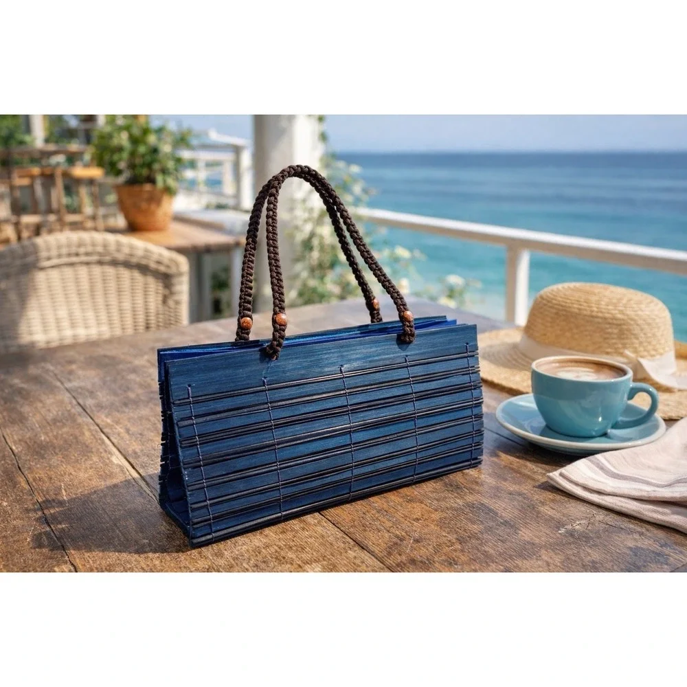 Handmade Indigo Woven Bamboo Tote Bag Boho Artisan Lined Wooden Beads